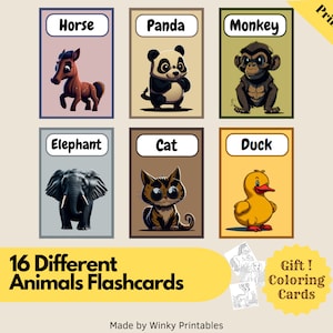 16 Animals cards, Montessori flashcards, Pre-School Cards, Educational Printable Cards, Instant Download animals cards,