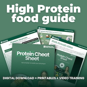 Puede incluir: Un gráfico verde con el texto "High Protein food guide" y varias hojas tituladas "Protein Cheat Sheet" y "Protein Sources". La imagen también incluye el texto "DIGITAL DOWNLOAD + PRINTABLES + VIDEO TRAINING".