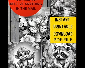 May include: A digital download featuring 50 different black and white images. The images include a butterfly, monkey, raccoon, and capybara. Text on the image reads "DIGITAL DOWNLOAD YOU WILL NOT RECEIVE ANYTHING IN THE MAIL" and "INSTANT PRINTABLE DOWNLOAD PDF FILE."