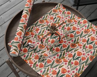 Papel de regalo FDT con diseño floral de tulipanes naranjas / Rollo de papel de regalo botánico, patrón de ramo de primavera