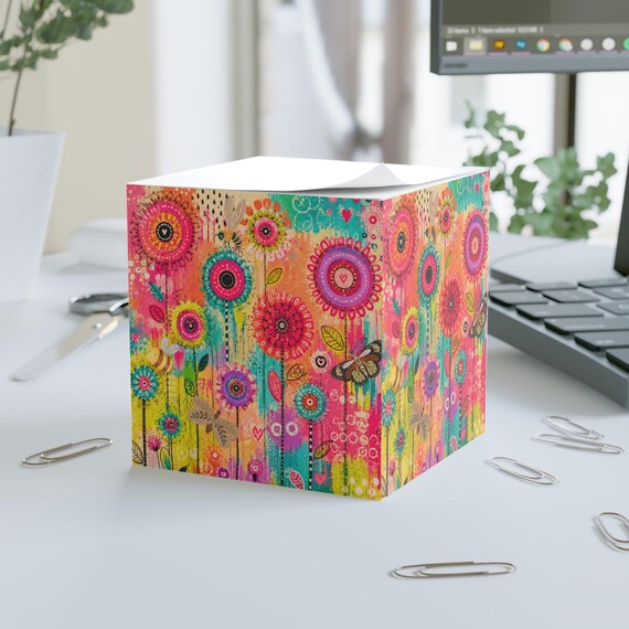 Whimsical Floral Doodle Note Cube | Bright Flower Sticky Notes