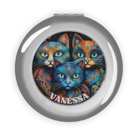 Colorful Cat Custom Compact Travel Mirror, Cat Lovers Gift, Purse Mirror, Personalized Gift For Traveler, Stocking Stuffer, Secret Santa
