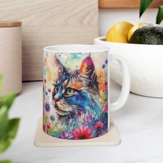 Watercolor Cat Floral Ceramic Mug, Colorful Cat Lover Gift, Tea Coffee Cup, Unique Home Decor, Perfect for Animal Lovers, 11oz, 15oz