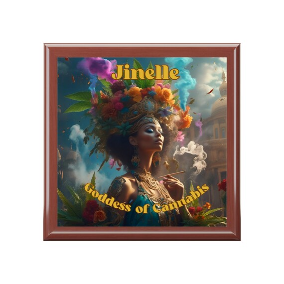 Personalized Weed Stash Box - Midjourney Goddess of Cannabis Stashbox - THC Wood Storage Box - Eye-Catching Marijuana Art