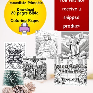May include: A set of 20 printable Bible coloring pages. The pages feature black and white illustrations of scenes from the Bible, including Jesus with a lamb, Jesus at the Last Supper, and a man holding two scrolls. The text "We love because he first loved us" is on one of the pages.