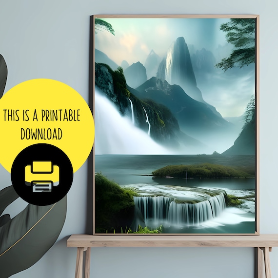 Landscape Colorful AI Wall Art Modern Printable Mountain Art Image One of Two Beautiful Nature Prints Misty Greens Midjourney Wall Decor