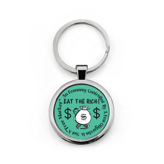 Eat the Rich Money Bag Illustration Keychain | Round Stainless Steel Key Chain