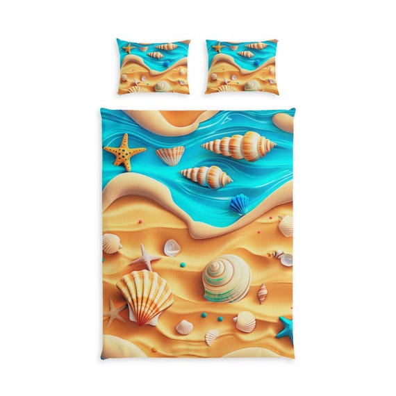 Seashell Beach Pattern Cotton Bed Set | Ocean Waves Duvet Cover & Shams