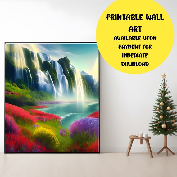 Colorful Printable Digital Download Waterfall Landscape Beauty #2 of 3 Images Variety Ratio Sizes 16 Different Sizes Vivid Midjourney