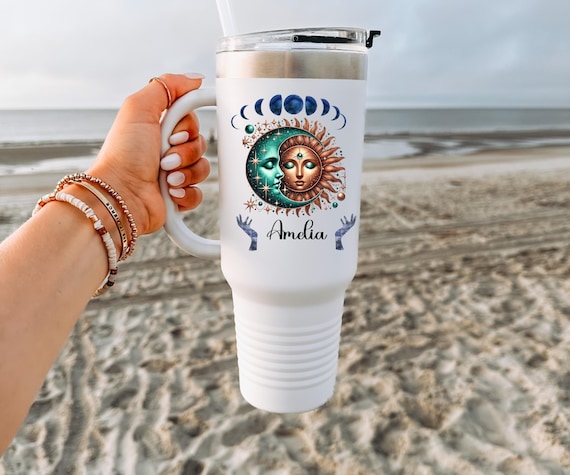 Personalized 40 oz Celestial Insulated Travel Mug - Sun & Moon Stainless Steel Double Insulated Tumbler, Great Gift For Campers or Nature