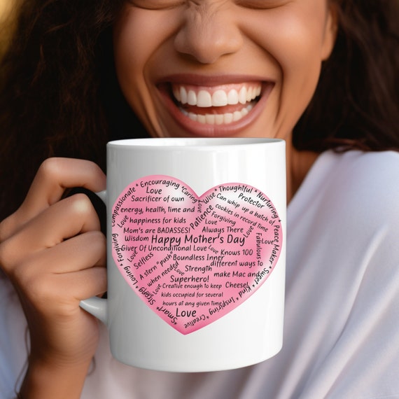 Heart Word Art Mug – Happy Mother's Day Gift for Mom, Kids, Daughter-in-Law
