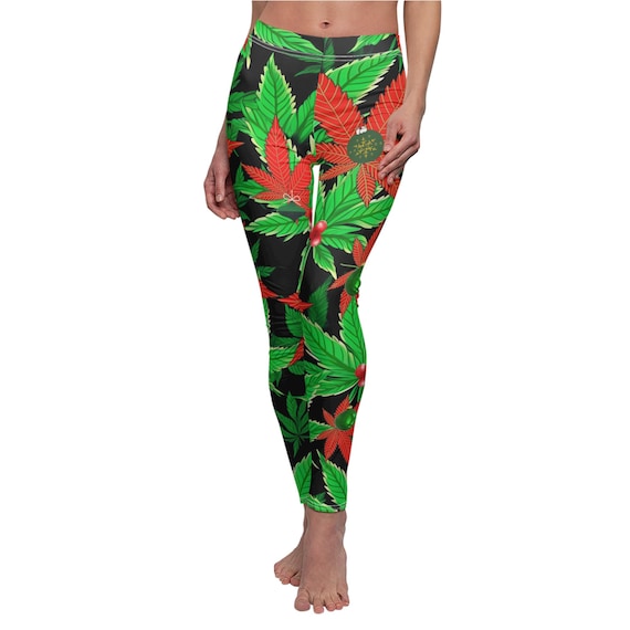 Women's THC Christmas Leggings - Cut & Sew Casual Leggings (AOP) - Comfy Cannabis Leggings In Merry And Bright Christmas Colors!