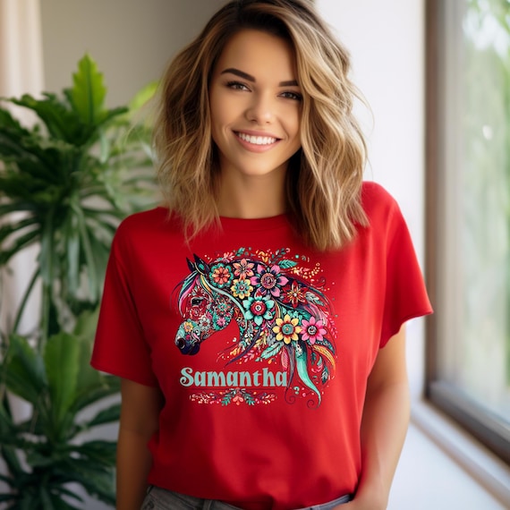 Personalized Flower Horse Shirt - Boho Gift for Horse Lover, Equestrian, BFF Or Horse Mom, Horse Spirit Animal Artwork-Gift For Animal Lover