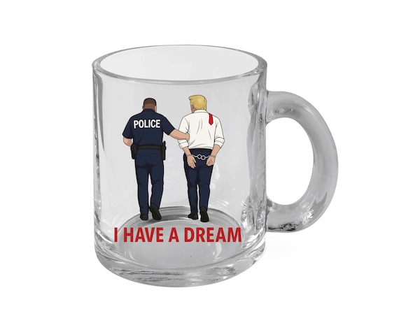 Personalized Justice-Themed Trump Arrest Glass Mug, Cop and Scales Design, Unique Gift for Law Students, Legal Professionals