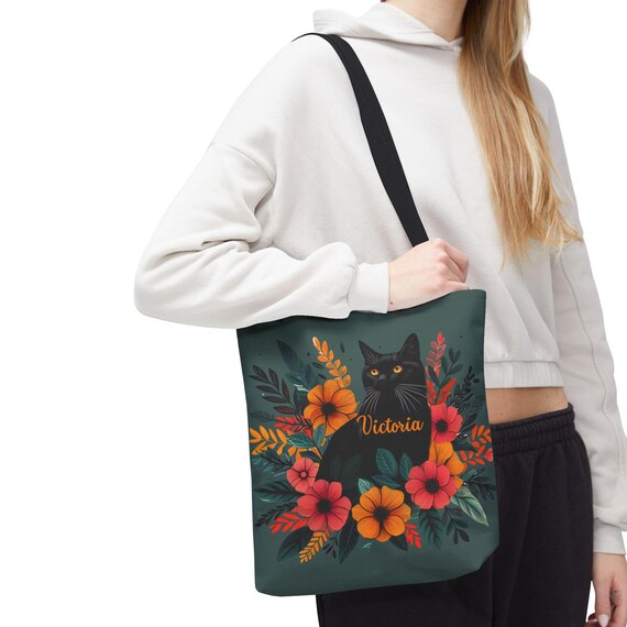 Whimsical Black Cat Tote Bag - Customized Aesthetic, Eco-Friendly Shopper, Purrfect Personalized Gift for Cat Lovers, Beautiful Aesthetic