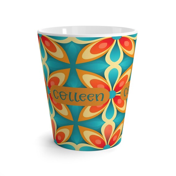 Personalized Latte Mug, Colorful Floral Coffee Cup, Custom Name Drinkware, Unique Gift for Her, Boho Style Tableware