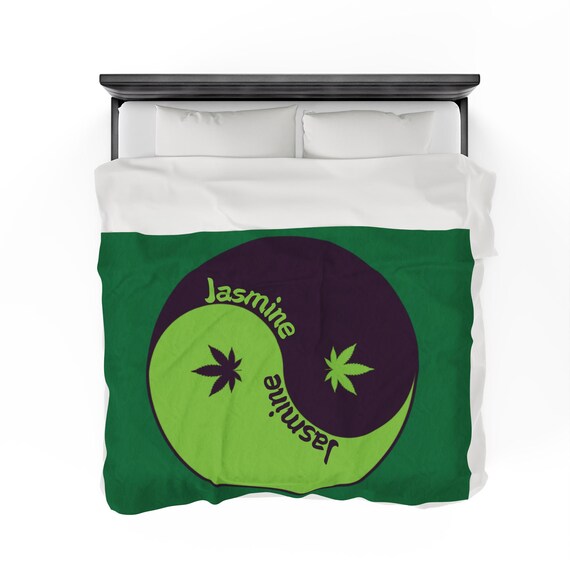 Custom Cannabis Yin Yang Green Velveteen Blanket, Available In 3 Sizes, Personalized Plush Throw for Relaxation, Hippie Bedspread