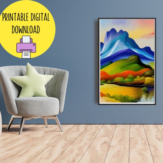 Colorful Mountain Artwork AI Nature Landscape Print Downloadable Printable Wall Decor Modern Mountain Art Abstract Mountains Midjourney