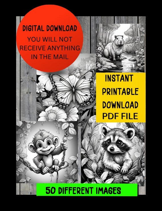 50 Animals Coloring Book, Adults & Kids Coloring Pages, Grayscale Coloring Book, Digital Download, Printable PDF File Cute Wild And Domestic