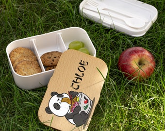 Personalized Panda Silicone Bento Lunch Box- Back To School Lunchbox, Snack Box, Ramen Box-Silicone Body With Wood Lid Strap & Utensils