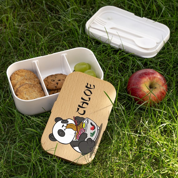 Personalized Panda Silicone Bento Lunch Box- Back To School Lunchbox, Snack Box, Ramen Box-Silicone Body With Wood Lid Strap & Utensils