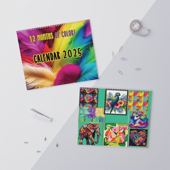 12 Months Of Color Wall Calendar 2025 - Vibrant Elephant & Parrot Design, Home Decor, Monthly Planner, Vibrant Hanging Calendar