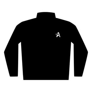 May include: Black long-sleeved jacket with a mock neck collar. A white logo with the letter "A" and the word "ARCHERY" is on the upper left chest. The jacket has a simple, minimalist design.