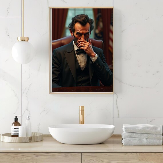 Funny Bathroom Lincoln Matte Vertical Poster, AI Generated Art Print, Home Decor, Gift for History Lovers, Office Wall Art, Unique Gift Idea