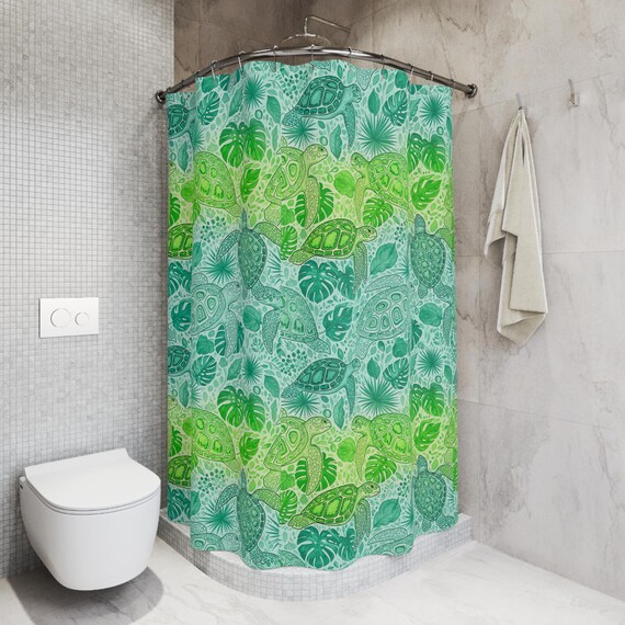 Sea Turtle Pattern Shower Curtain | Green Tropical Leaves Bathroom Decor