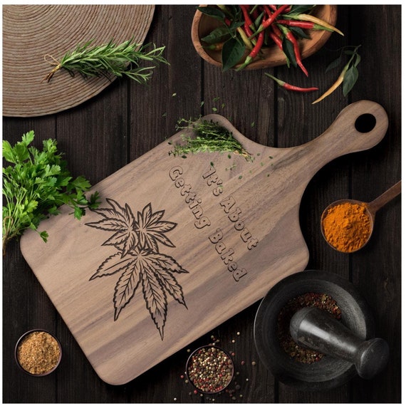 Hardwood Paddle Cutting Boards Cannabis Design-Available in 15" x 7" and 11.5" x 5.5" - Great Gift For Wedding, Christmas Gift For Roommate