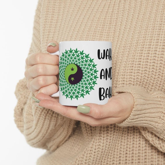 Yin Yang Weed Wake and Bake Ceramic Mug - Perfect for Stoners, Gift for 420 Lovers, Funny Pothead Cup, Unique Green Accent Mug