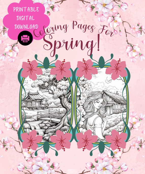 Spring Coloring Pages For Adults Or Kids - 25 Pages Digital Printable Download -