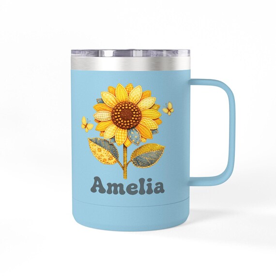 Personalized Sunflower Insulated Coffee Mug, 15oz Tumbler | Floral Mom Coffee Cup