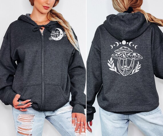 Moon Phases And Mushroom Hoodie-Unisex Heavy Blend™ Full Zip Hooded Sweatshirt-Front And Back Celestial Design-Cozy Warm Zip Hoodie For Fall