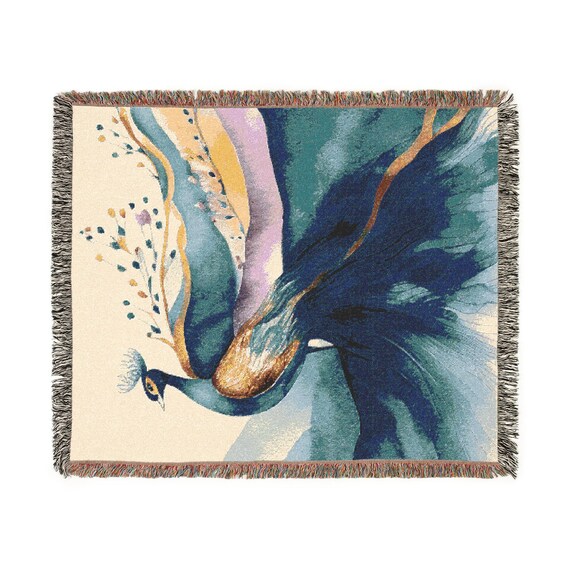 Elegant Blue Peacock Woven Blanket, Gift For Bird Lovers, Cozy Throw for Home Decor, Wedding Gift, Housewarming or New Apartment Gift