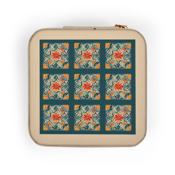 Floral Quilt Pattern Jewelry Travel Case | Compact Square Organizer
