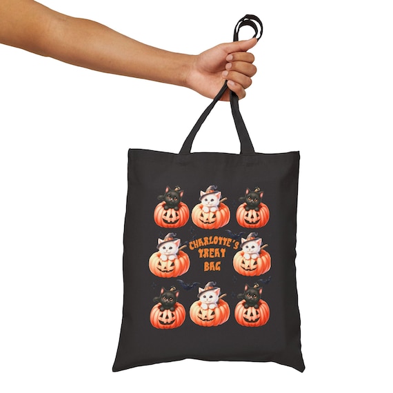 Custom Cute Cat Trick Or Treat Tote Bag - Halloween Goodie Bag- Girly Pumpkin Halloween Candy Bag - Reusable And Labeled With Kids Name