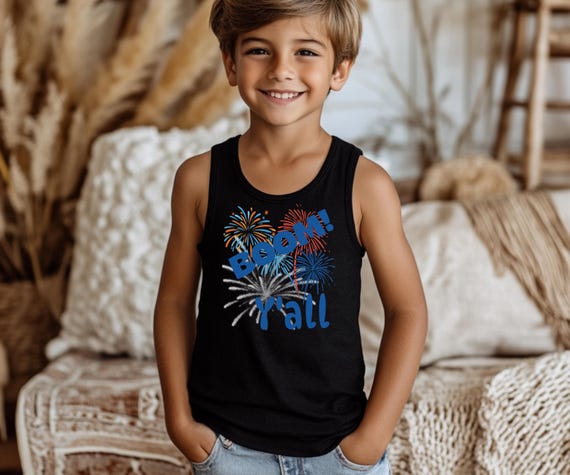 Kid's Funny 4th Of July Boom Y'all Fireworks Tank Top- Patriotic Independence Day Outfit - Great Holiday Gift - Lightweight Summer Fabric