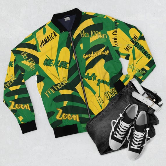 Men's Bomber Jacket (AOP) Jamaican Caribbean Art - Colorful Windbreaker. Resists Sun Wind Rain Great Gift
