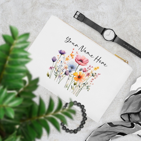 Bridesmaid Gifts Custom Makeup Bag - Spring And Summer Floral Themed Wildflower Cosmetic Bag - Great For Mothers Day Or Bridal Celebrations