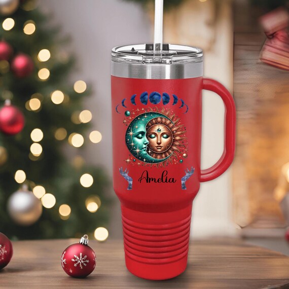 Personalized 40 oz Celestial Insulated Travel Mug - Sun & Moon Stainless Steel Double Insulated Tumbler, Great Gift For Campers or Nature
