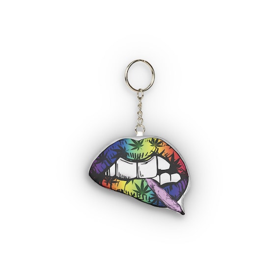 Rainbow Cannabis Lip Bite Custom Mini Plush Keychain | Marijuana Leaves
