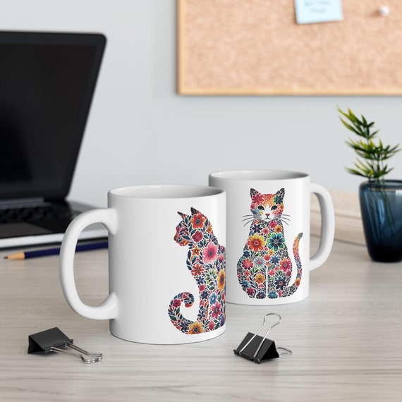 Whimsical Cat Mug with Floral Design - Gift for Cat Lovers, Mothers Day Gift, Great for Home & Office, 11oz, 15oz Available