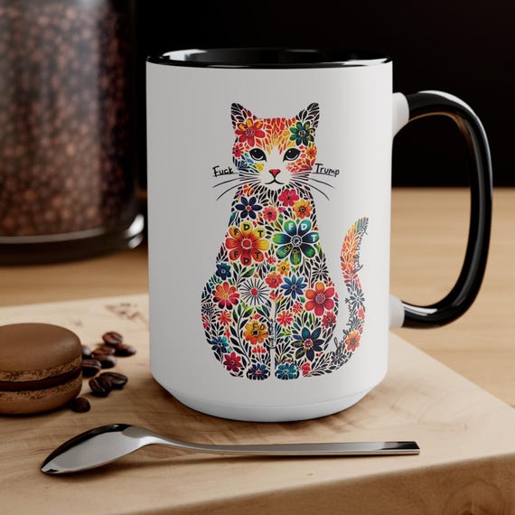 FDT Floral Cat Silhouette Mug | Accent Color Ceramic Coffee Cup