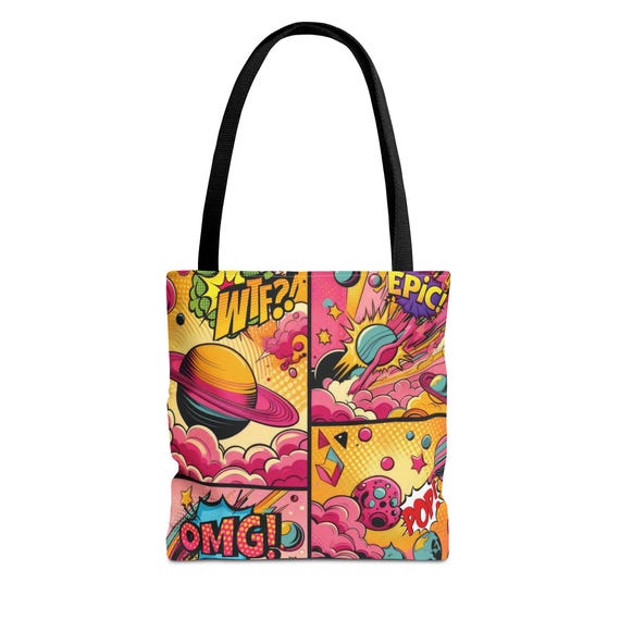 Colorful AOP Y2K Pop Art Tote Bag - Funky Space Design for Eco-Friendly Shopping, Gift, Beach Days, Comic Lovers, and Festivals
