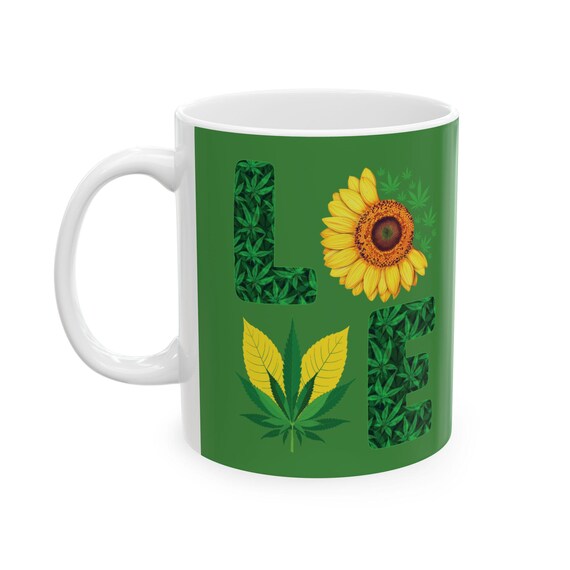Wake And Bake Sunflower Weed Green Ceramic Mug, Floral Coffee Cup, Unique Gift for Garden Lovers, Birthday, Mother's Day, Home Decor
