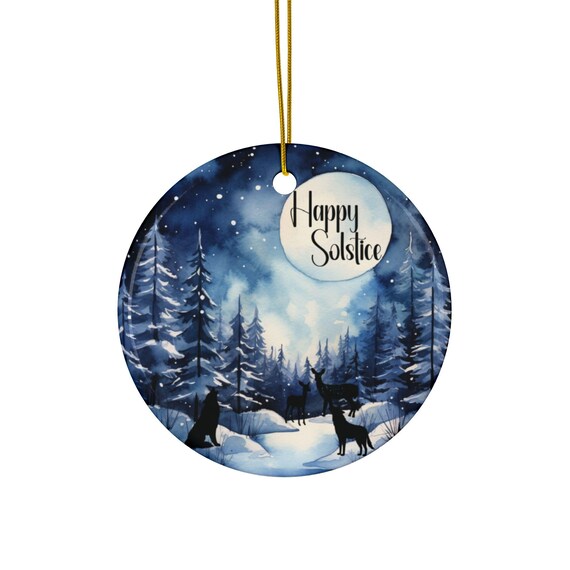 Beautiful Winter Solstice Ornament, 2-Sided Ceramic Ornament With Night Winter Scene, A Great Happy Solstice Gift Lovely Add To Any Holiday