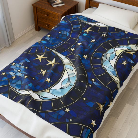 Stained Glass Moon and Stars Velveteen Plush Blanket | Blue Celestial Night Sky