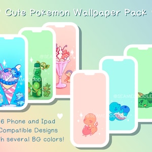 Puede incluir: Seis fondos de pantalla para teléfono con personajes de Pokémon adorables en varias poses. Los fondos de pantalla son de diferentes colores, incluyendo azul, verde, rosa y azul claro. El texto "Cute Pokemon Wallpaper Pack" está en la parte superior de la imagen.
