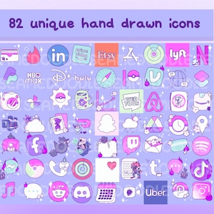 Pode incluir: Uma cole&ccedil;&atilde;o de 82 &iacute;cones &uacute;nicos desenhados &agrave; m&atilde;o que representam logotipos de aplicativos populares de m&iacute;dia social, streaming e outros. Os &iacute;cones s&atilde;o de v&aacute;rias cores e estilos, alguns com flores e outros elementos decorativos.